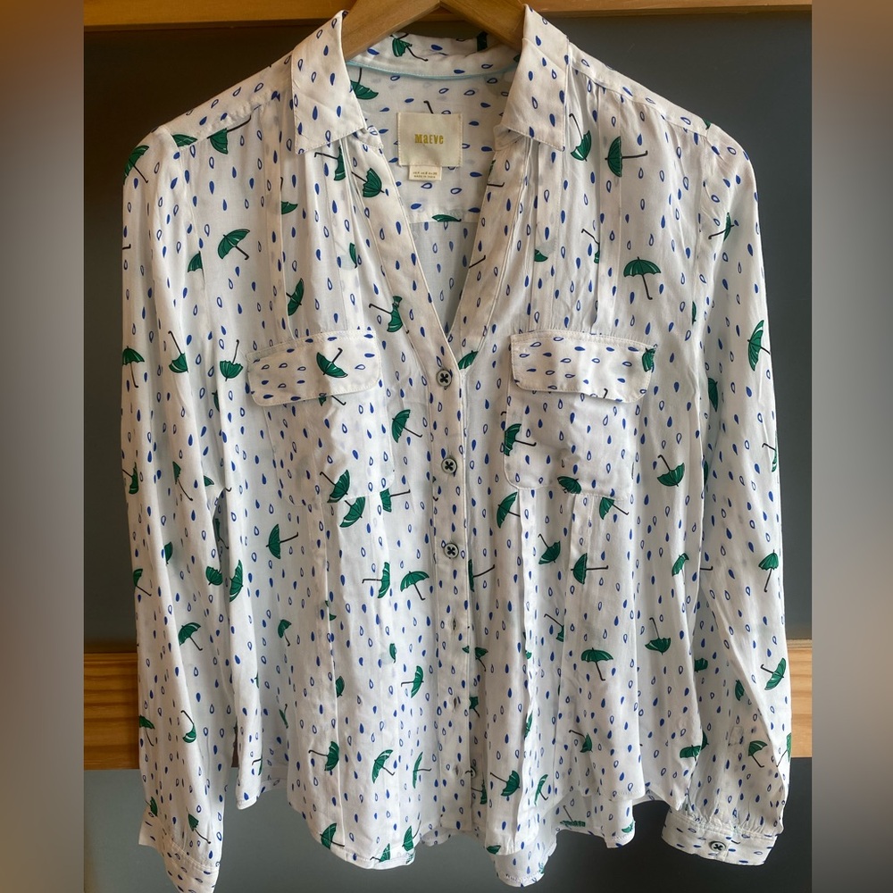Maeve White Blouse with Green and Blue Umbrella & Rain Print US 4